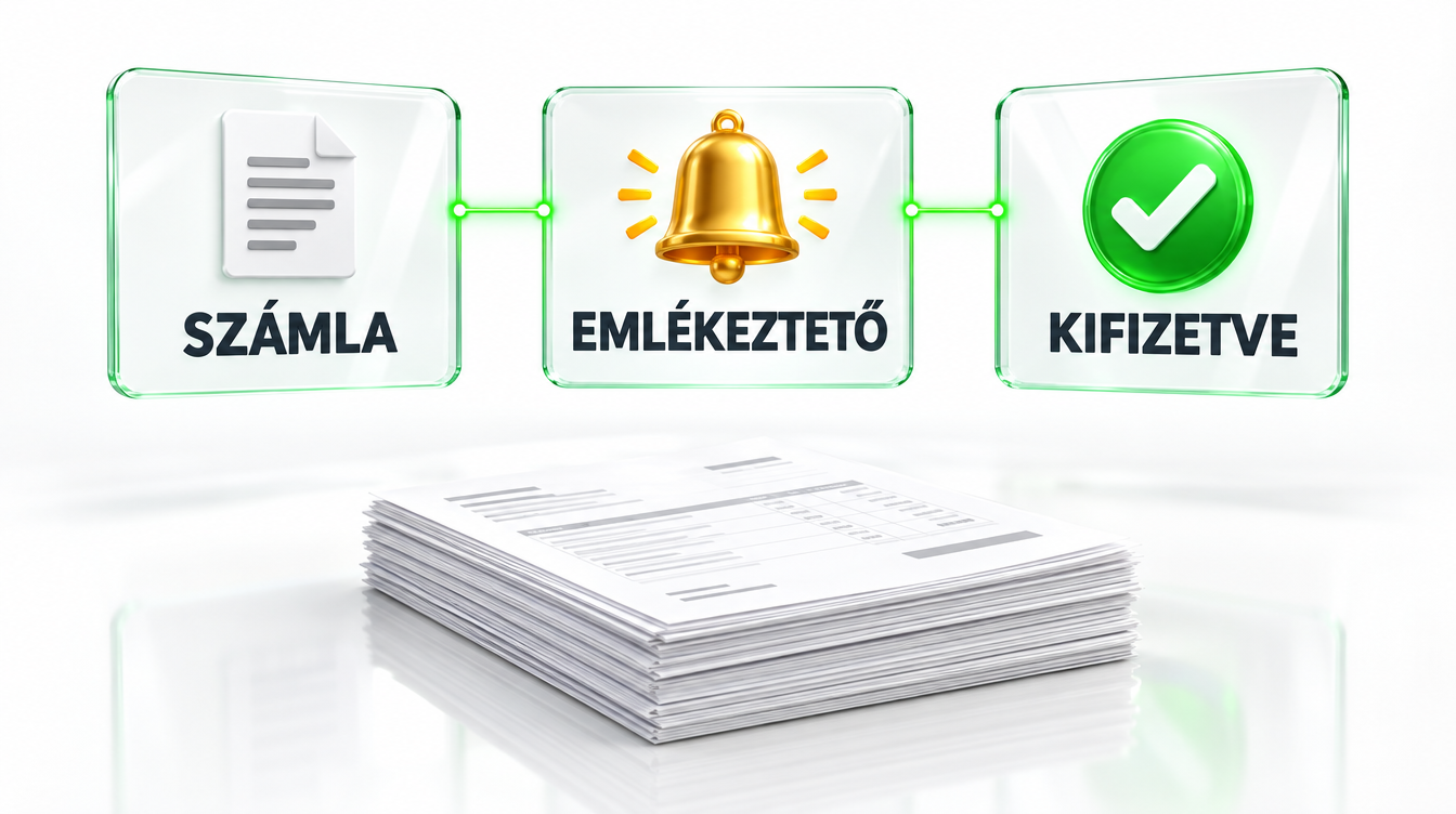 Számlakupac fölött három üvegkártya: SZÁMLA, EMLÉKEZTETŐ és KIFIZETVE, zöld fényvonallal összekötve